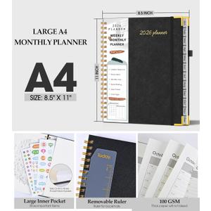 2 x 2026 Planner, Weekly and Monthly Calendar Planner from January 2026 - December 2026, 8.5" x 11" Hardcover Leather Hourly Appointment Book with Tabs, Spiral Daily Planners for College School Work Home, Black