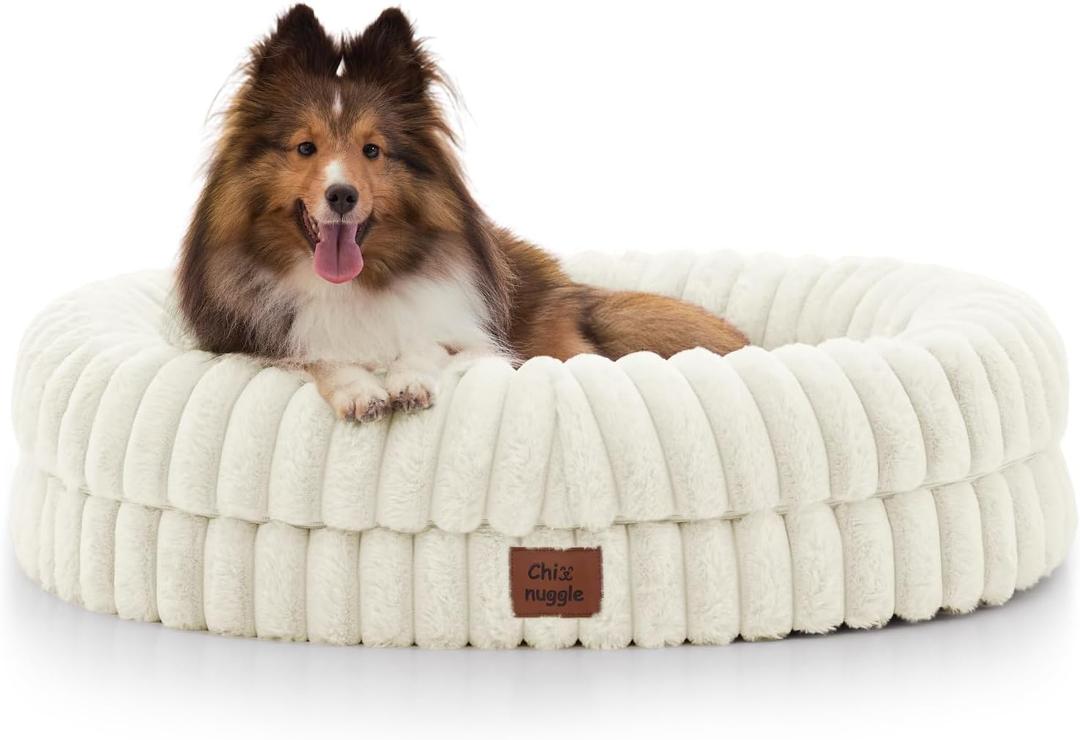 Dog Bed Medium Sized Dog - Luxury Striped Faux Fur Waterproof Pet Couch with Removable Washable Cover, Orthopedic Pet Bed with Bolster Sides for Sleeping, Cream (M(30*24*7))