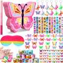 Pasimy 51 Pcs Butterfly Piata Set Butterfly Birthday Party Supplies Piata with Stick Blindfold Sticker Hairpin Ring Slap Bracelet Keychain Party Favors for Family Game Decoration(Pink)