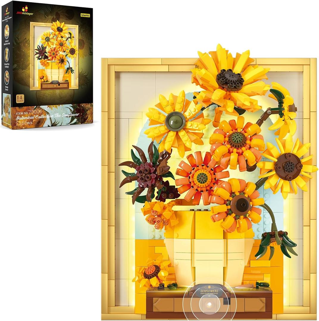 JMBricklayer Flowers Sunflower Building Sets for Adult with Lights 70004, Van Gogh Wall Art Crafts Ideas Flower Bouquet, Painting Frame Room Decor, Valentines Day Birthday Gifts for Women Girl