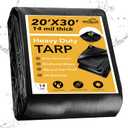 Heavy Duty Tarp 14 Mil Tarp Waterproof Black 20x30 FT, UV Resistant Poly Tarp with Reinforced Grommets for Camping, Boat Cover, Patio Furniture, Roof, Firewood Pile