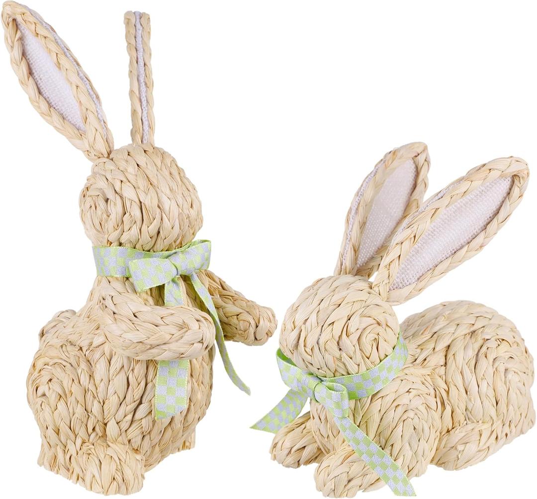 DR.DUDU Easter Decor Rattan Bunny, 2 Pack Wicker Bunnies Easter Indoor Decorations for Home Table Centerpiece, Spring & Farmhouse Woven Rabbit Decor (White With Green Accents)