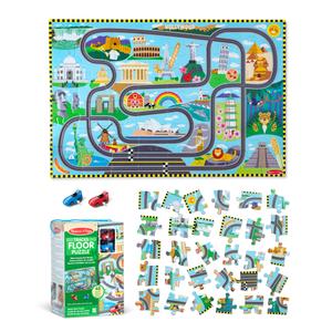 Melissa & Doug Race Around the World Tracks Cardboard Jigsaw Floor Puzzle and Wind-Up Vehicles (48 Pcs) for Preschoolers and Kids Ages 4+
