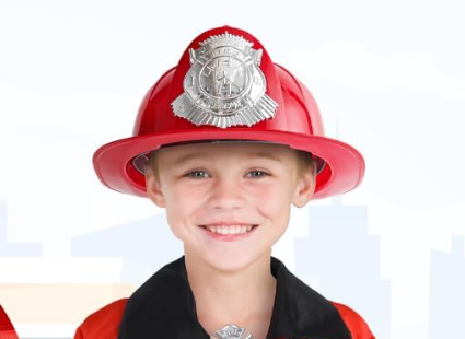 Red firefighter costume helmet with classic design. Lightweight and comfortable. Perfect for costumes, themed events, Halloween, or role play. 