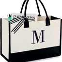BeeGreen Embroidery Monogram Initial Tote Bag for Women Teacher Mom Friend Personalized Gift for Birthday Beach Work Wedding (Natural & Black)