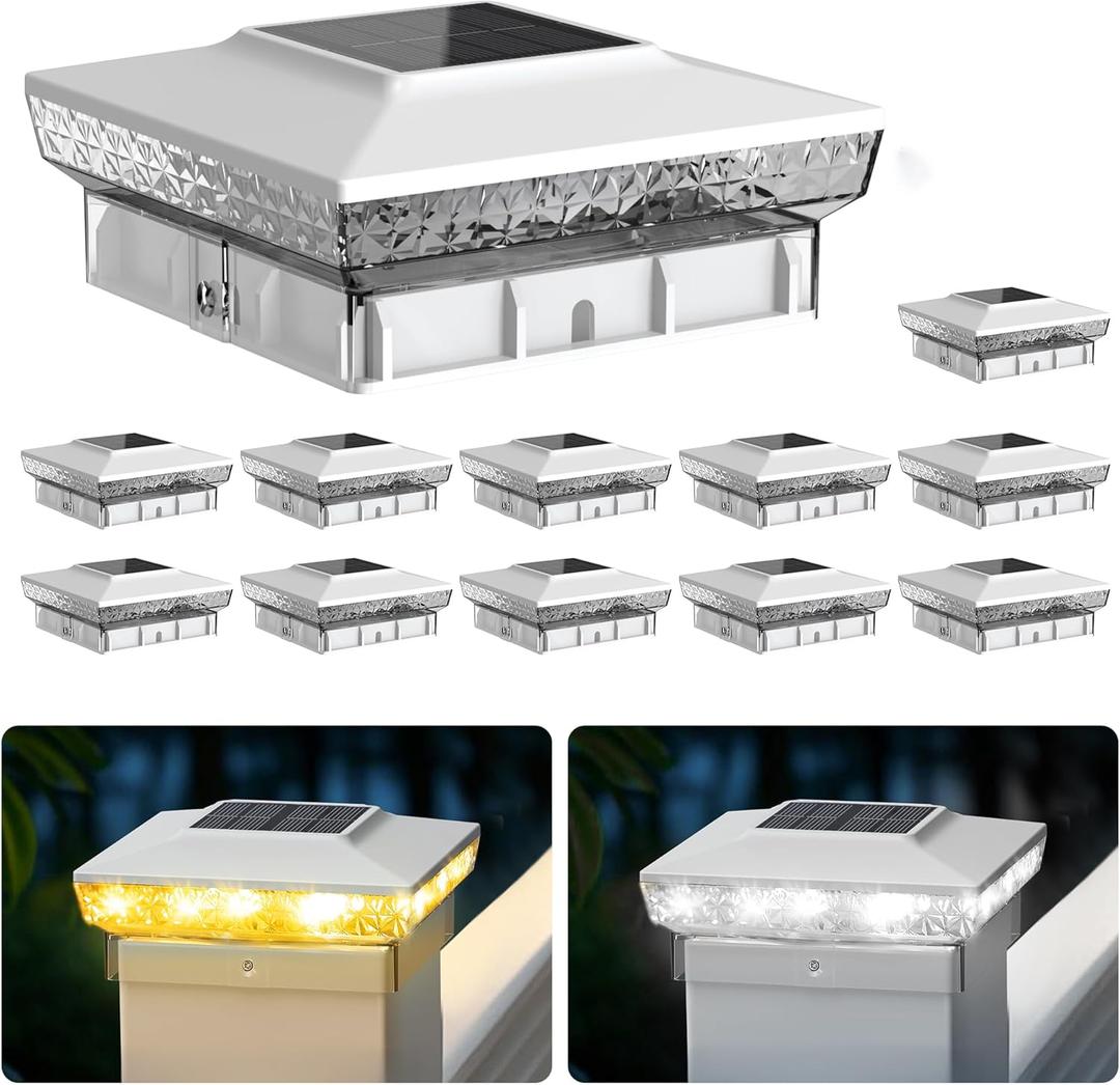 Solar Post Cap Lights, 12-Pack Upgraded Outdoor Deck Fence Post Solar Lights for 4x4 5x5 Wood/Vinyl Posts, IP65 Waterproof, 10-12 Hours Warm/Cool White Glow for Garden/Patio/Porch - White