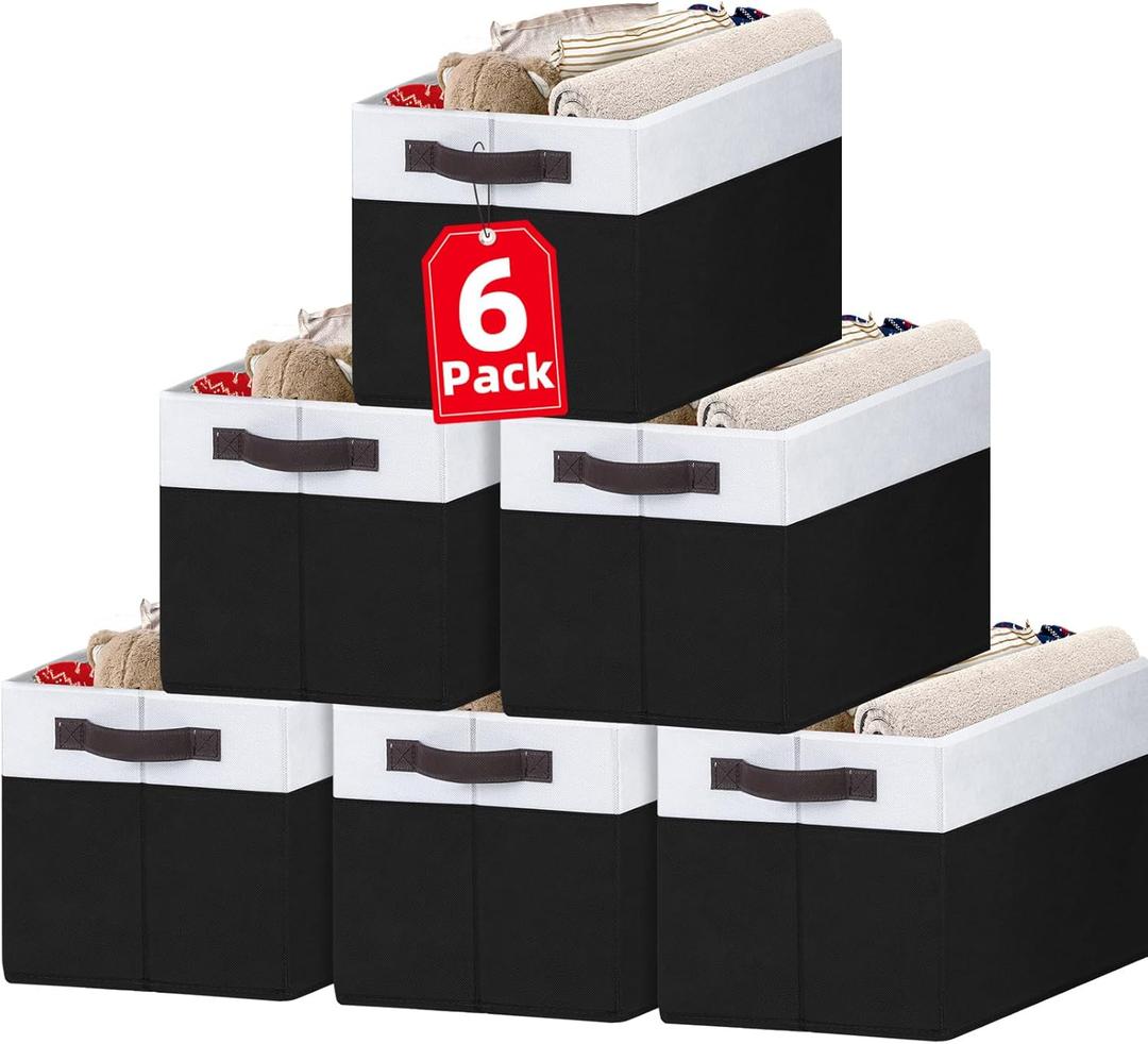 Criusia 6 Pack Closet Organizers and Storage Bins, Cute Dorm Room Essentials for Clothes Beddings Bags, Under Bed Storage Containers, Apartment Essentials Baskets for Organizing (14L*10W*9.5H) (White with Black)
