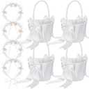 Wedding Flower Girl Basket with Headpiece Set of 4 Ivory Flower Girl Basket with Pearl Handle Ribbon Bow, Wedding Crown Princess Crystal Pearl Hair Accessories for Ceremony, Birthday Party