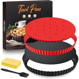 Tart Pan Kit,9 Inch Tart Pans with Removable Bottom,Non-stick Fluted Quiche Pan with Silicone Crust Shaper,Pie Weights,Brush,Sponges,Quiche Baking Dish Tart Molds For Baking Fruit Tarts,Pies & Quiches