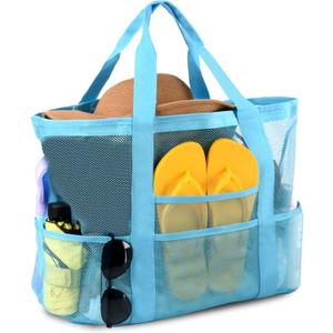CaCTOUR Mesh Beach Bag,Large Beach Bags for Women with 8 Pockets,Packable Tote Bag for Beach Cruise Pool Vacation Essentials Sky Blue