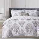 SLEEPBELLA Comforter King Size, 600 Thread Count Cotton Yellow & Blue Damask with Taupe Brown Reversible Pattern White Comforter Sets,Down Alternative Bedding Set 3Pcs (King, White Damask)