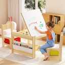 Toddler Table and Chair Set, Wooden Kids Table and Chairs with Adjustable-Height Tabletop, Kids Activity Table with Safety Hinges, Storage Drawers & Bookshelf for playroom Nursery Daycare