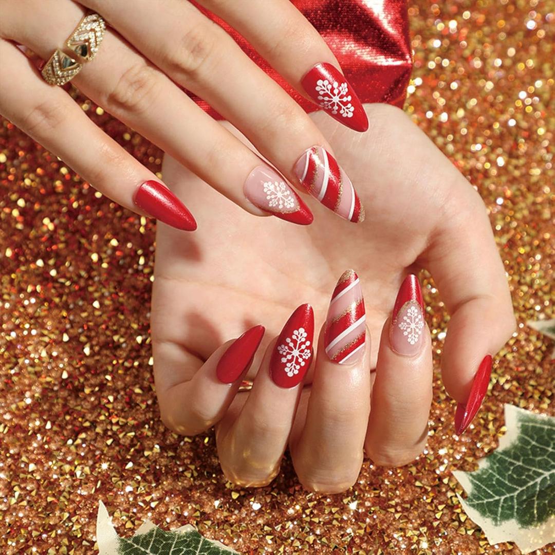 4 x Christmas Press on Nails Almond Medium Red French Tip Fake Nails with Glitter Xmas Snowflake Stripe Designs Glossy Acrylic Nails Press ons Red Full Cover Stick Glue on Nails for Women 24 Pcs