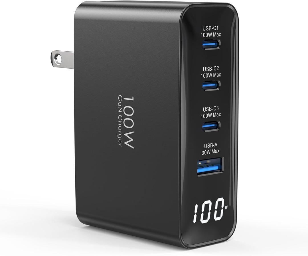 100W USB C Charger, 4-Port PD Fast Charging Station with LED Display, GaN Compact Foldable Laptop Charger for MacBook Pro/Air, iPad Pro, for iPhone 17/16/15 Pro Max, Galaxy S25/S24 Ultra, Steam Deck