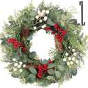 22 Inch Christmas Wreath with Hanger, Christmas Wreaths for Front Door with Red White Berry Pine Cone Xmas Wreaths for Front Door Wall Home Outdoor Decor