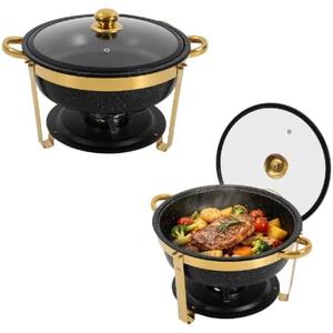 Dziwenul 2-Pack Round Chafing Dishes, Buffet Food Warmers Sets, BlackGold | 5 QT per Volume, Stainless Steel & Tempered Glass for Dining Hall, Party, Wedding, Buffet, Banquet to Hold Warm & Cold Food
