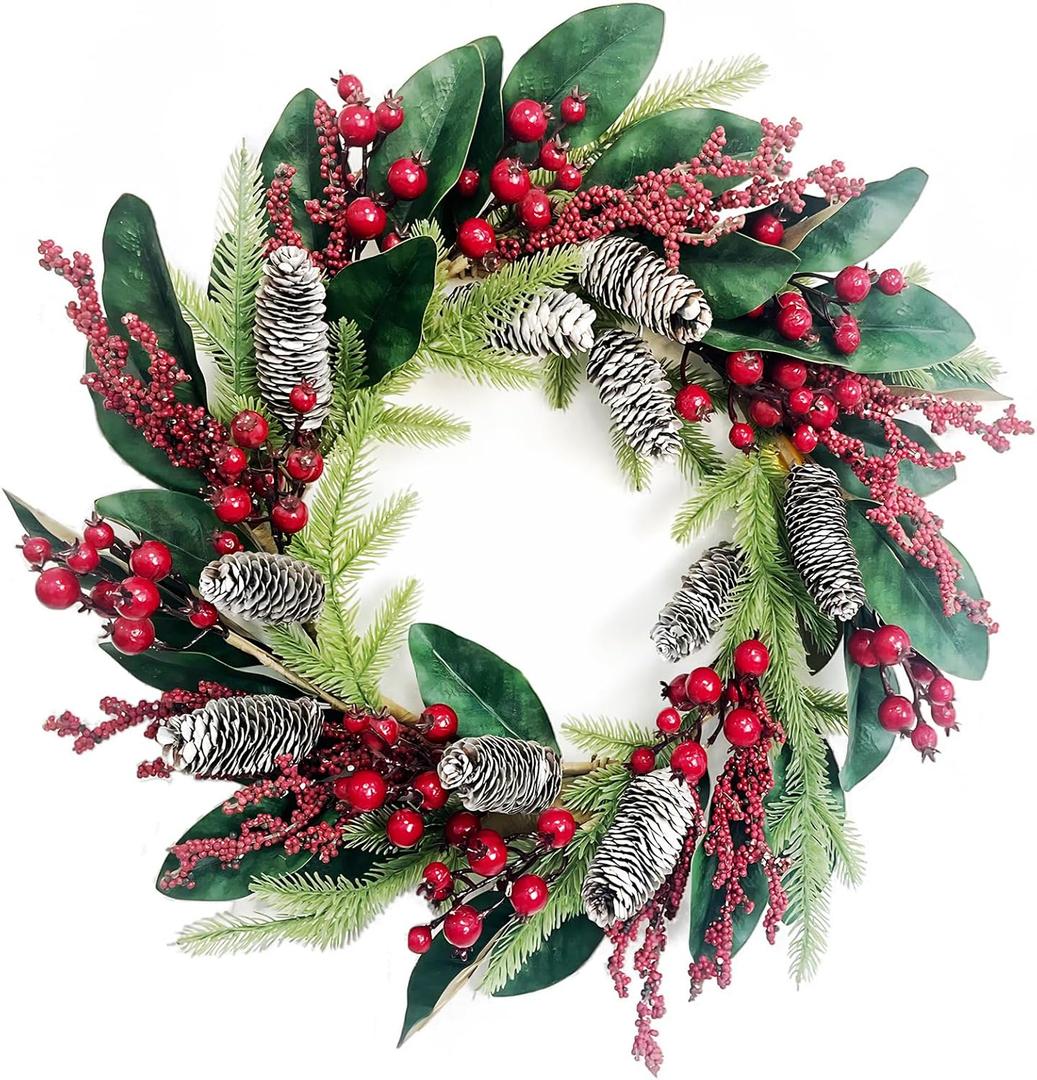 Huashen Spring Winter Front Door Wreath 24 Inch Winter Wreaths for Front Door with Pine Cones and Red Berries, PU Magnolia Christmas Wreaths Perfect for Indoor or Outdoor Decor Thanksgiving Dcor (Red Green Brown)