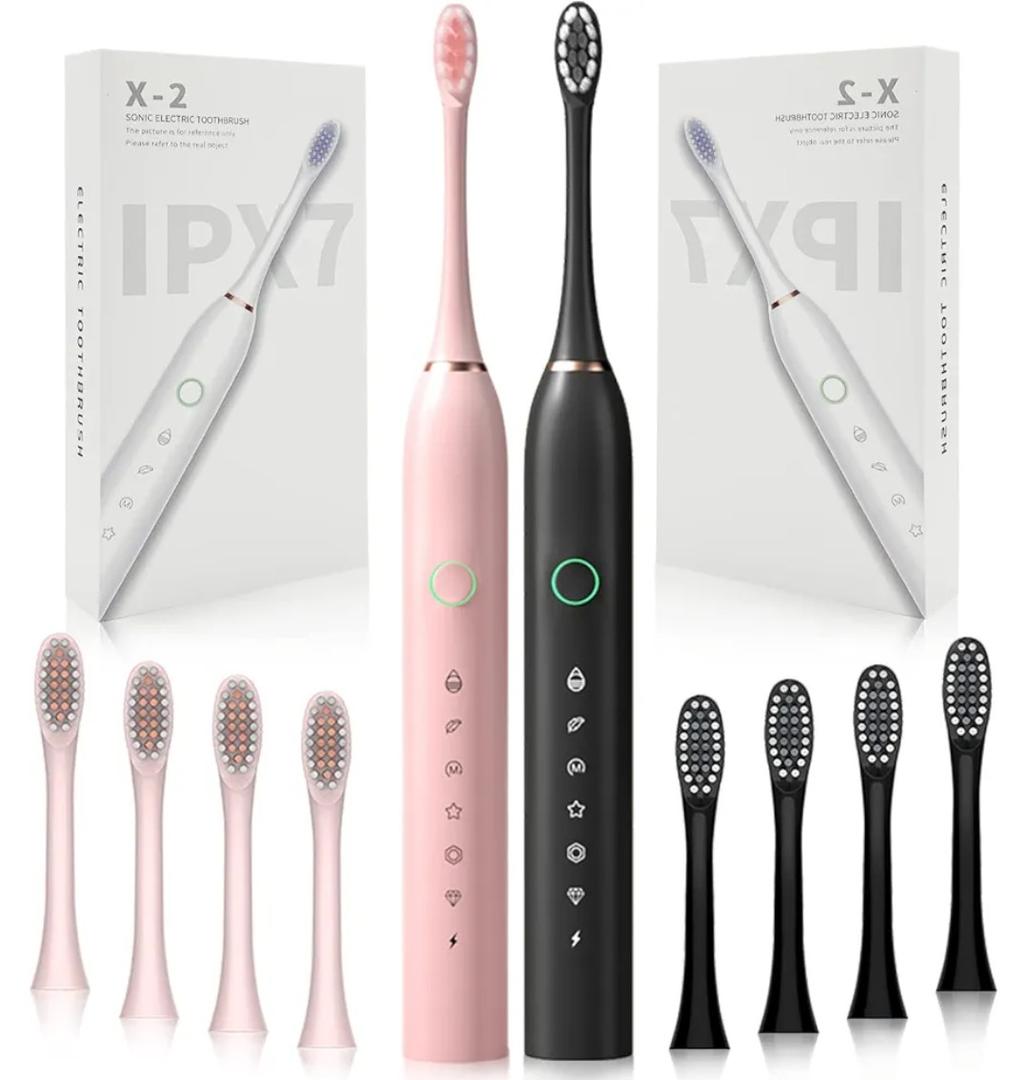 2 Pack Rechargeable Electric Toothbrushes for Adults and Kids, Whitening Tooth Brush with 8 Brush Heads, 6 Cleaning Modes and Smart Timer, Waterproof Cleaning Toothbrushes Set