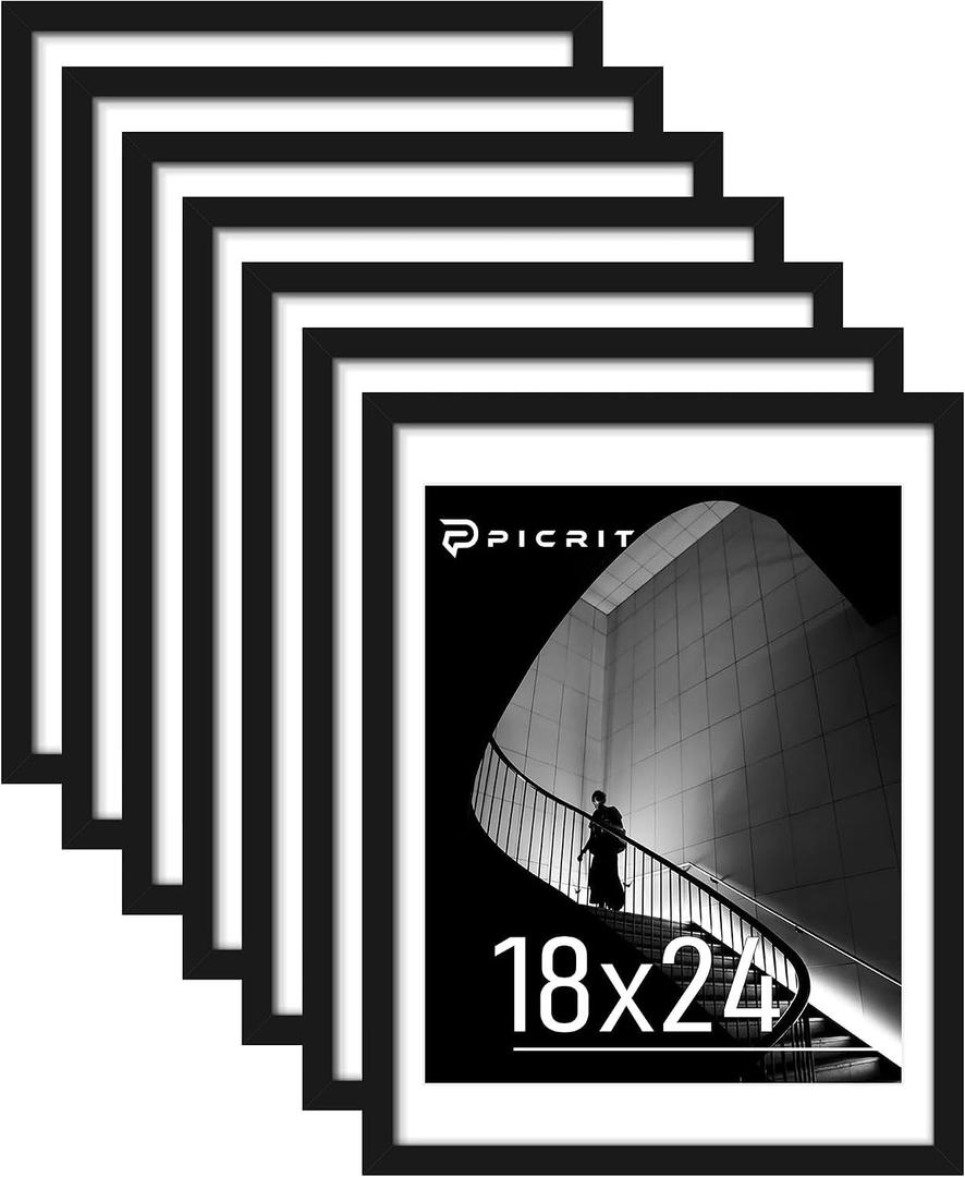 Picrit 18x24 Black Poster Frame 7 Pack, Display Pictures 16 x 20 Picture with Mat or 18 x 24 without Mat for Horizontal or Vertical Wall Mounting, Wall Gallery Photo Frames
