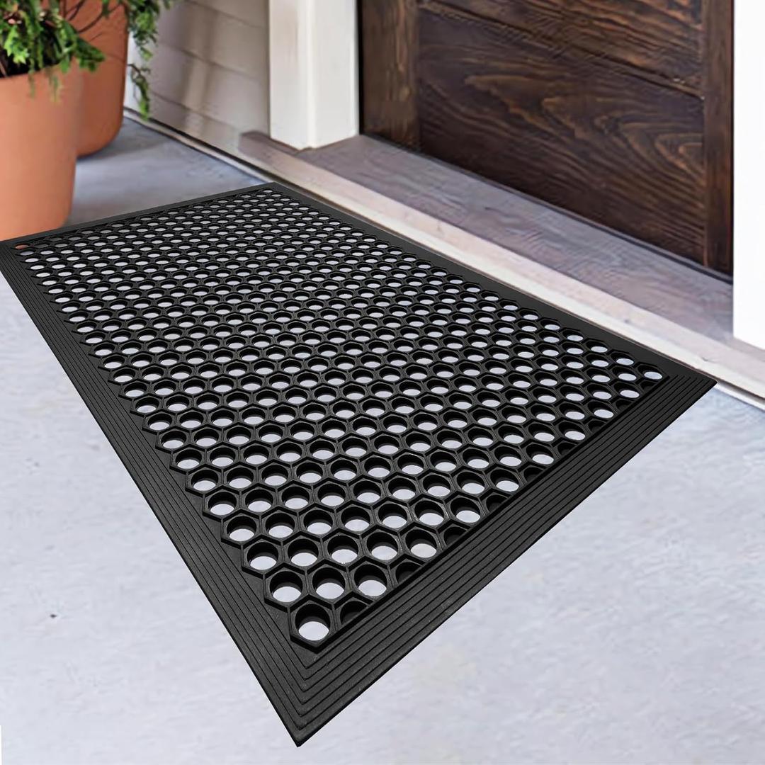 BEHERO Rubber Outdoor Mat, Anti Fatigue Rubber Floor Mats, Non-Slip Front Door Mats Entrance, Heavy Duty Pool Mat Outside for Entryway, Garage Doormat Waterproof, Black