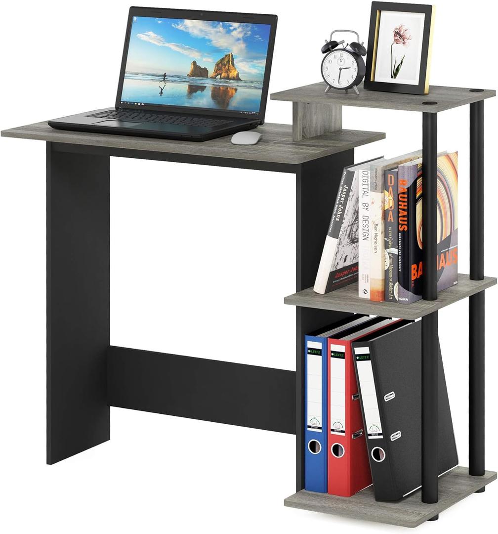 Furinno EFFICIENT Desk, 28.6" Wide Gaming Desk with 3 Open Side Shelves, Laptop Notebook Computer Desk, Office Desk for Home Office, Study Room, Dorm, Bedroom, French Oak/Black, Square Side Shelves