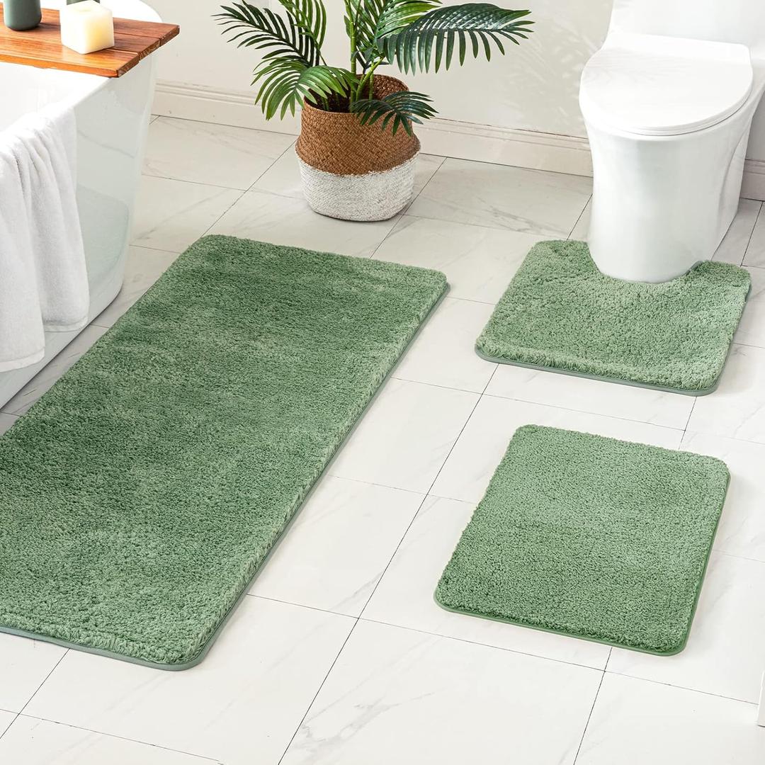 MIULEE Bathroom Rugs Sets 3 Piece with Toilet Mat and Runner Rugs, Non Slip Absorbent Microfiber Bath Mats Sets for Restroom, Machine Washable, 16''x24''+ U Shaped 20''x24''+24''x60'', Sage Green