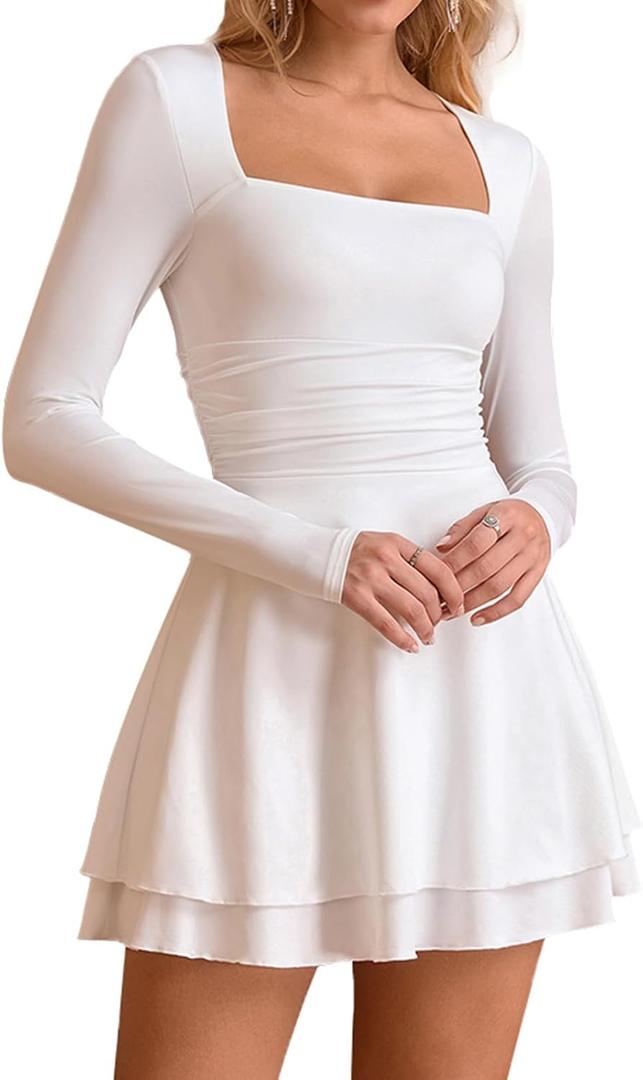GLNEGE Women's Long Sleeve Square Neck Mini Homecoming Dress A-Line Ruffle Hem Short Party Going Out Dresses (White, L)