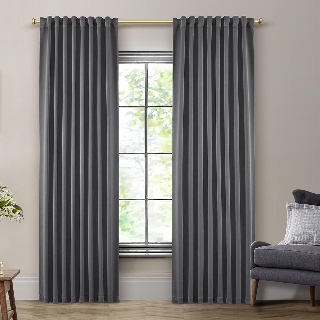 SHINELAND Grey Curtains 105 Inch Long, Back Tab Pleated Blackout Drapes for Bedroom Living Room, 2 Panels Set, Dark Gray