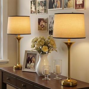 Cordless Table Lamp Set of 2 for Living Room, Gold Mid Century Modern Lamp with Tapered Fabric Shade, Classic Elegant Light for Bedroom Entryway Console, Detachable Magnetic Rechargeable Bulb,10000mAh