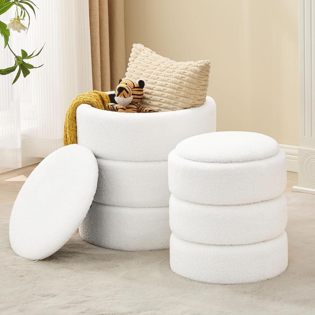 Round Ottoman with Storage Set of 2, Soft Teddy Velvet Upholstered Foot Stool Vanity Chairs, Support 330lbs Padded Seat Multifunctional Ottomans Footrest, Foot Rest for Living Room, White