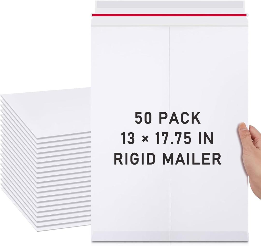 ReliThick 50 Pcs 13 x 17.75 Inch Large Rigid Mailer Self Photo Document Mailers Adhesive Stay Flat White Cardboard Envelopes White Kraft Envelopes for Art Prints Cd Photos Document