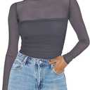 Zeagoo Women's Sexy Mock Turtle Neck Long Sleeve Tops Sheer Mesh Ruched Trendy Going Out Shirts Blouse (XX-Large, Grey)
