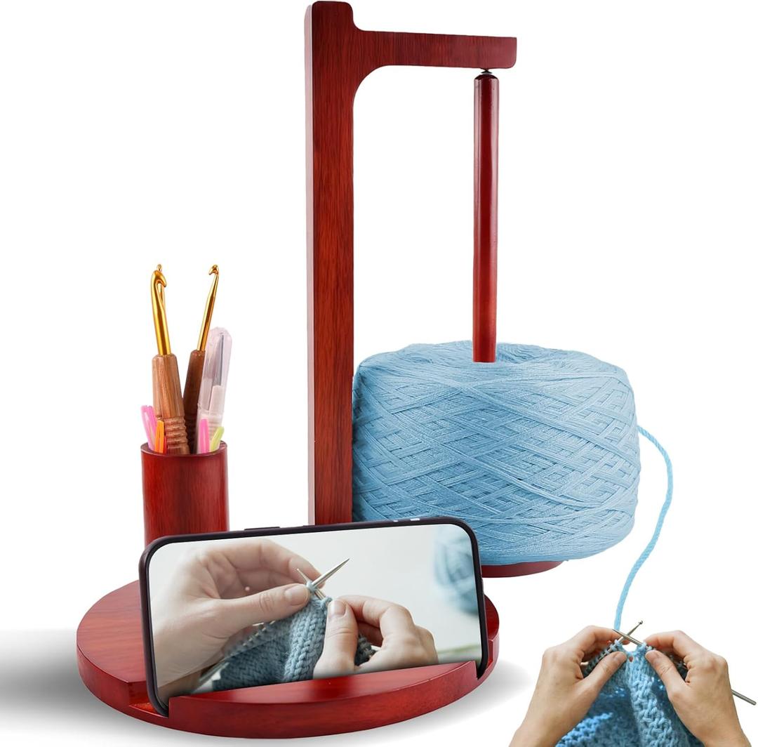 Yarn Holder for Crocheting and Knitting, Wooden Magnetic Yarn Spinner Rotating Holder with Crochet Hooks and Needles, Phone Stand and Storage Organizer, Ideal Gift for Knitting Lovers
