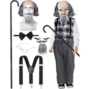 WILLBOND 10 Pcs Old Man Costume for Boys 100 Days of School Halloween Grandpa Costume for Kids Pants, Vest, Wigs Cosplay Set (Medium)