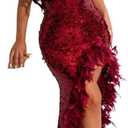 AlexQueen Women's Sexy Spaghetti Strap V Neck Mesh See Through Bodycon Sequin Gown Evening Dress with Slit (Red, L)