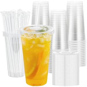 Lamosi 100 Pack 24 oz Clear Plastic Cups with Lids and Straws, Disposable Plastic Coffee Cups with Lids for Iced Coffee, Cold Beverages, Smoothies and To-Go Drinks