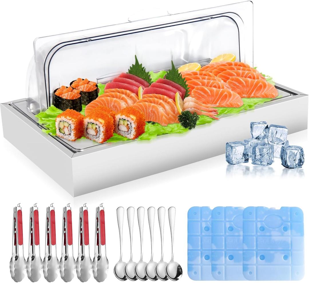 Countertop Ice Food Serving Display Tray with 1 Pan, Portable Salad Bar Buffet Station, Stainless Steel Cold Food Buffet Server with Clear Roll Top Cover, Chilled Serving Tray for Home Party Buffet