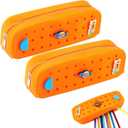 2 Packs Cute Silicone Pen Case Pen Pouch with DIY Holes and 3 Decoratives(Random) Travel Makeup Brush Bag suitable for travel home7.81inch (Orange,2Packs)