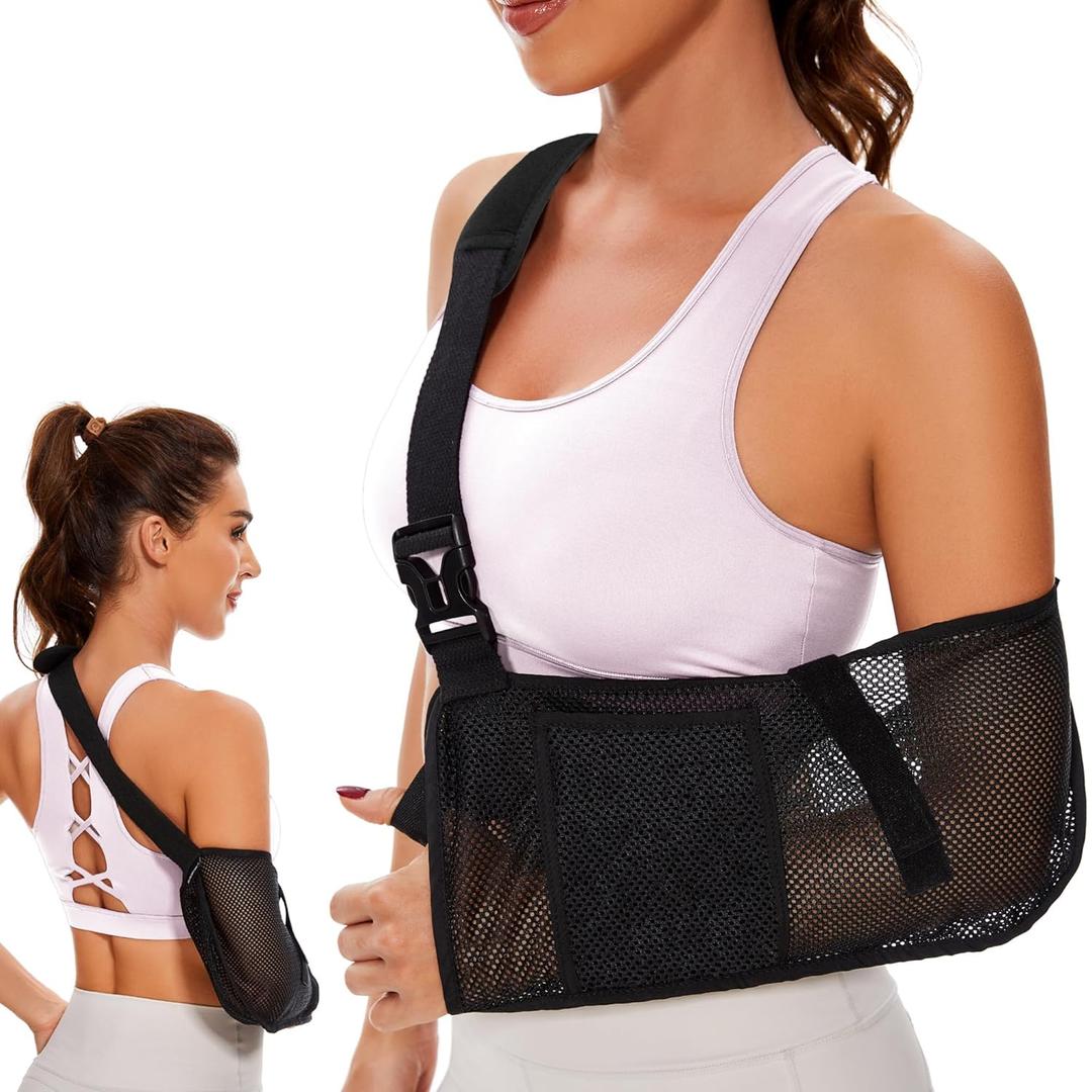 KONSEDIK Mesh Arm Sling - Medical Shoulder Sling for Shower - Adjustable Arm Brace,for Men Women Rotator Cuff Injury,Left Right Arm,Wrist, Elbow,Clavicle Fracture Post-Surgery(Large) (Black)