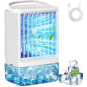 Mini Air Conditioner Small Air Conditioner Portable Air Conditioners with 1200ml spray/hour 3 Speed Wind & 7 Colorful LED Light Cool Mist &Timer Evaporative Air Cooler for Bedroom/Home/Office (White)