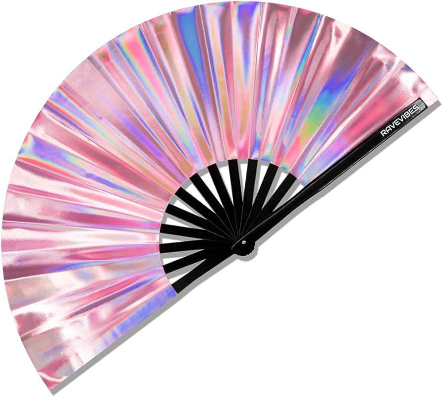 Holographic Rave Fan - Pride Fan and Festival Fan - Large Folding Fan for Festivals, Halloween, Burlesque, Drag Queen, Rainbow & Pride for Women & Rave Accessories - Clack Fan Hand Fan (Velvet)
