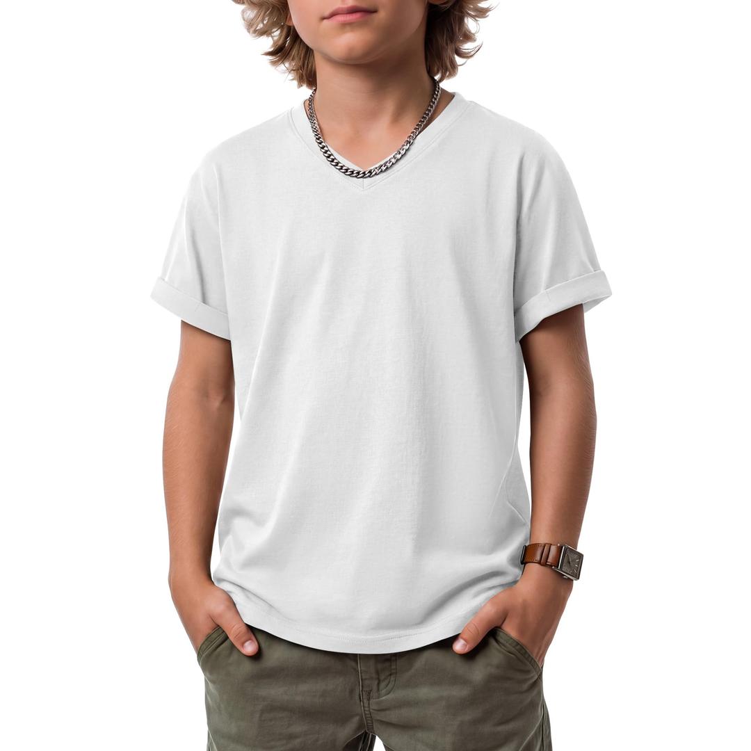 Mumucove Boys V Neck Short Sleeve T-Shirts, White, 7-8 Years (White)