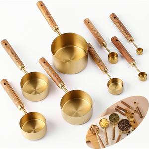 8Pcs Measuring Cups and Spoons Set - Golden Stainless Steel Measuring Cups with Wooden Handle, Metal Measuring Spoons Set Nesting Kitchen Measure Set for Kitchen/Food/Baking (8Pcs Wooden Handle)