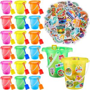 18 Set 7.5 Inch Sand Buckets with Shovels for Kids with Hawaiian Stickers Pool and Swim Toys for Kids Toddler Sand Pails Set for Summer Outdoor Beach Fun for Children