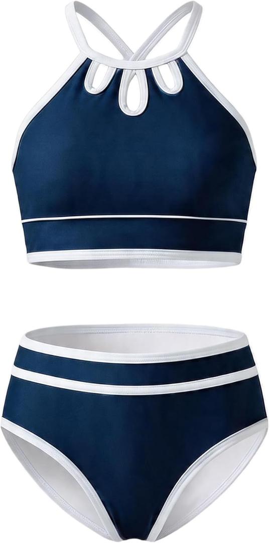 Bathing Suits for Teens Piece Adjustable Shoulder Strap Color Block Deep Blue Girls Swimsuits Size 13-14 (Blue)