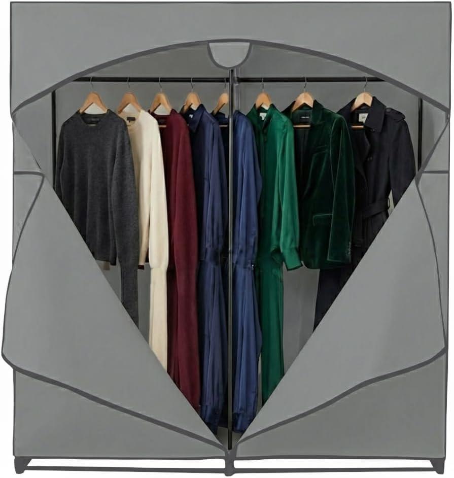 HOLDN STORAGE Portable Wardrobe Closet - 65 lb Large Capacity, Internal Heavy Duty Metal Rod, Zipper & Clear Window, Durable Clothes Organizer, Tool-Free Easy Assembly, Dark Gray Canvas Cover