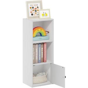 Furinno LUDER Book Shelf, 3-Tier Modern Bookshelf, Bookcase with 1 Door Storage Cabinet, 9.3 x 12 x 31.5, for Organization and Storage, for Living Room, Bedroom, Home Office, White, 3-cube With Cabinet