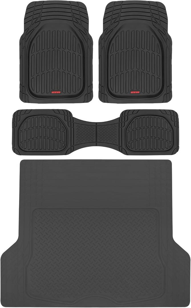 Motor Trend FlexTough Deep Dish Contours Rubber Car Floor Mats with Trunk Mat Cargo Liner, Front & Rear Combo Set fits Most Car SUV Van Coupe Sedan, Heavy Duty All Weather Trim to Fit