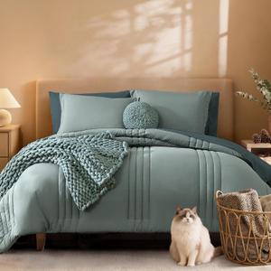 Monbix Full Size Comforter Sets - 7 Pieces Sage Green Bed in a Bag Full Size Bedding Sets with Comforter, Sheets, Pillowcases & Shams (Full(80"X90"))