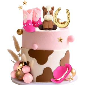 JeVenis Pony Cowgirl Cake Topper Cowboy Western Cake Decorations Cowgirl Hat Birthday Cake Topper Cowgirl Boots Cow Balls Cake Decoration (Pink)